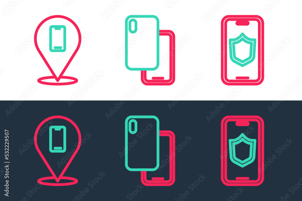 Set line Mobile with shield, Phone repair service and Smartphone icon. Vector Set line Mobile with shield, Phone repair service and Smartphone icon. Vector
