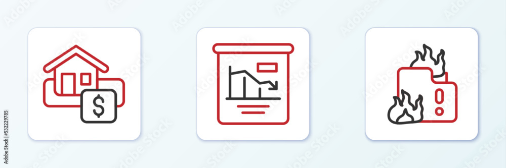Set line Fire in burning house, Hanging sign with Sale and Pie chart infographic icon. Vector Set line Fire in burning house, Hanging sign with Sale and Pie chart infographic icon. Vector