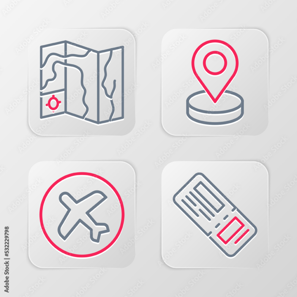 Set line Airline ticket, Plane, Location and World travel map icon. Vector