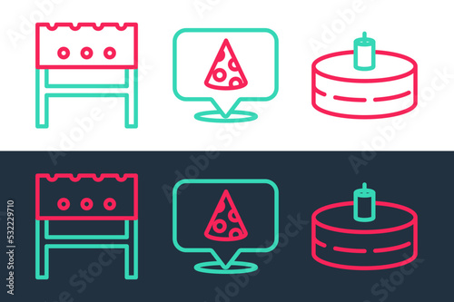 Set line Cake with burning candles, BBQ brazier and Slice of pizza icon. Vector