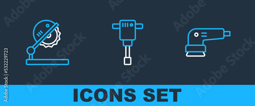 Set line Electric sander, Table saw for woodwork and Construction jackhammer icon. Vector