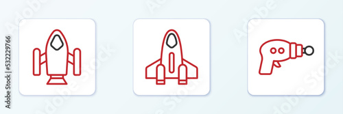 Set line Ray gun, Rocket ship and icon. Vector