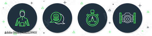Set line Scallop sea shell, Stopwatch, Wetsuit for scuba diving and Photo camera diver icon. Vector