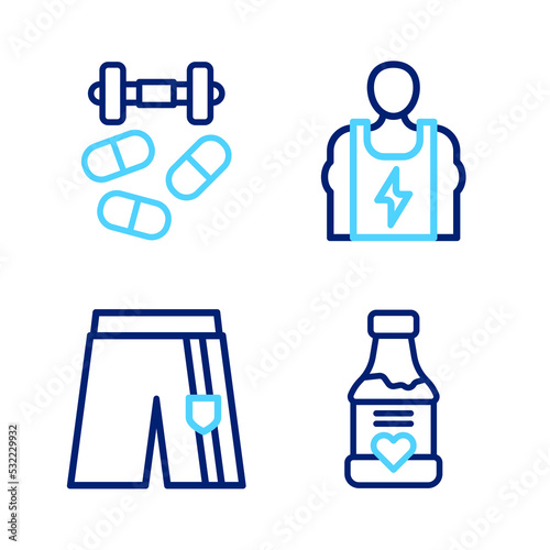 Set line Vitamins, Short or pants, Bodybuilder and Sports doping with dumbbell icon. Vector