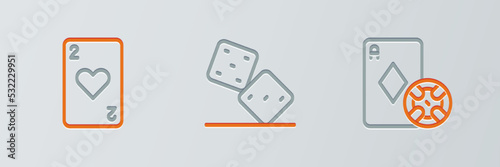 Set line Casino chip and playing cards, Playing with heart and Game dice icon. Vector