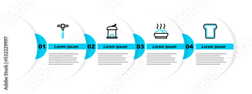Set line Bread toast, Bowl of hot soup, Manual coffee grinder and Wine corkscrew icon. Vector