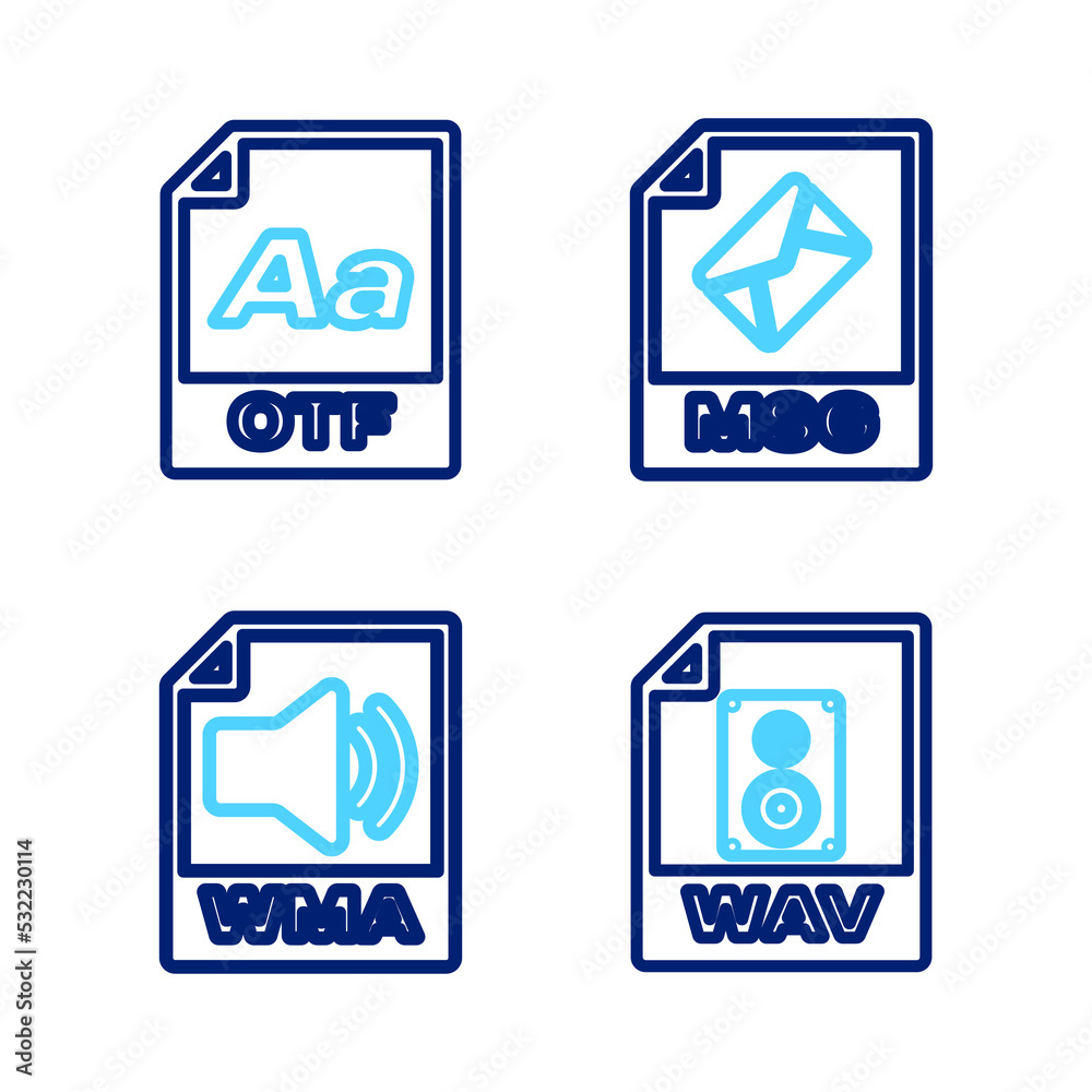 Set line WAV file document, WMA, MSG and OTF icon. Vector Set line WAV file document, WMA, MSG and OTF icon. Vector