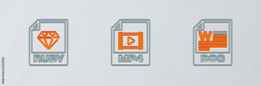 Set line DOC file document, RUBY and MP4 icon. Vector Set line DOC file document, RUBY and MP4 icon. Vector