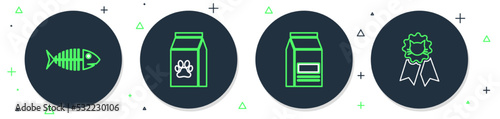 Set line Bag of food for pet, Fish skeleton and Cat award symbol icon. Vector