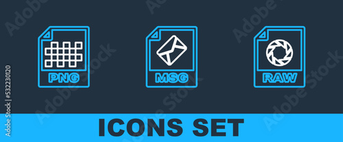 Set line RAW file document, PNG and MSG icon. Vector