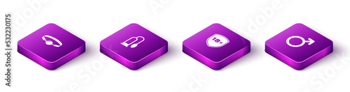 Set Isometric Silicone ball gag, Penis pump, Shield with 18 plus and Male gender symbol icon. Vector