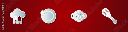 Set Chef hat with fork and spoon, Washing dishes, Cooking soup pot and Kitchen whisk icon. Vector