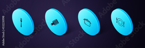 Set Isometric Plate, fork and knife, Cooking pot, Grater and Fork icon. Vector