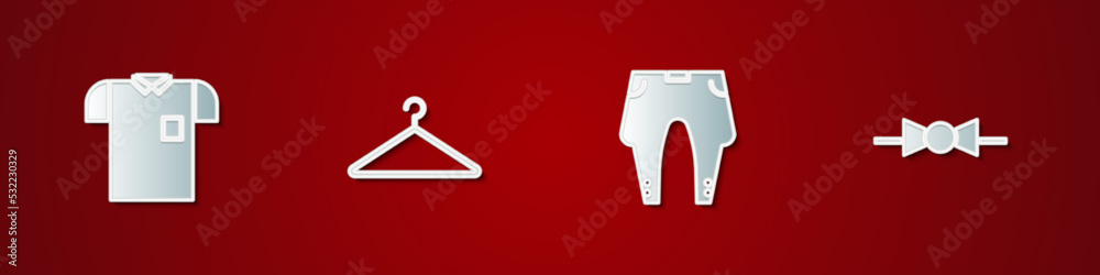 Set Polo shirt, Hanger wardrobe, Pants and Bow tie icon. Vector Set Polo shirt, Hanger wardrobe, Pants and Bow tie icon. Vector