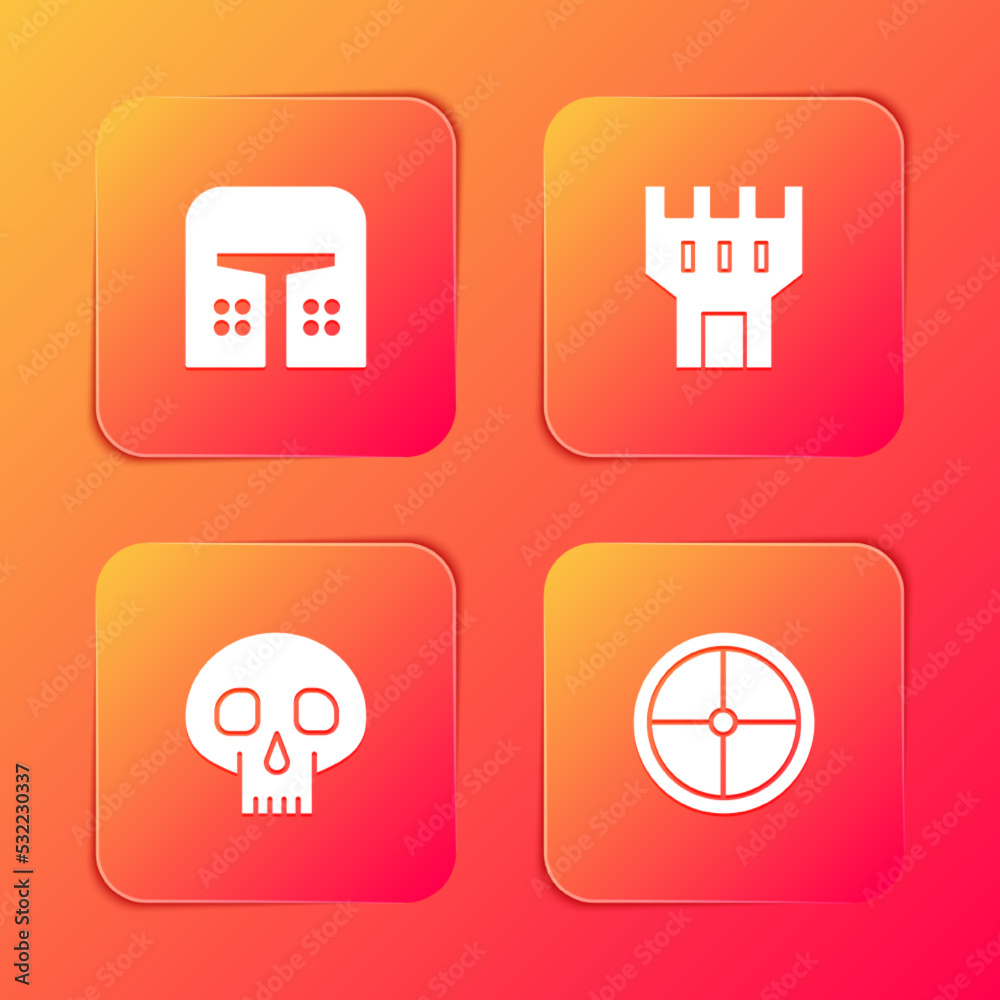 Set Medieval iron helmet, Castle tower, Skull and Round wooden shield icon. Vector Set Medieval iron helmet, Castle tower, Skull and Round wooden shield icon. Vector
