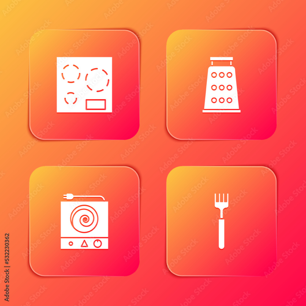 Set Electric stove, Grater, and Fork icon. Vector Set Electric stove, Grater, and Fork icon. Vector