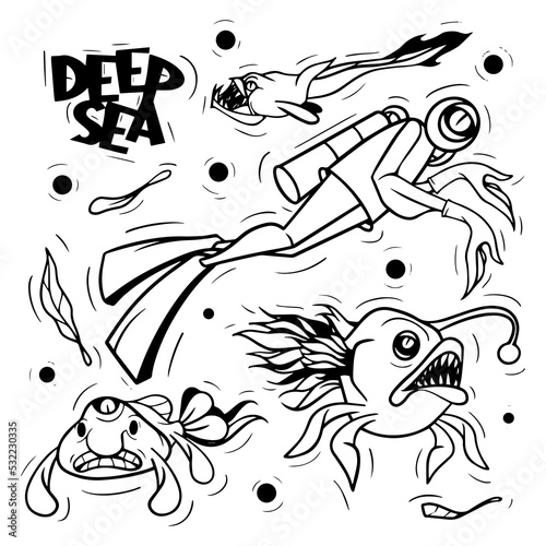 Very cool and artistic set of doodle vector deep sea dwellers monster. black and white, suitable for doodle design elements, murals, coloring books and others.