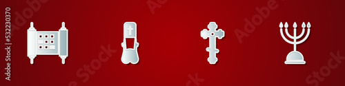 Set Decree, paper, parchment, scroll, Priest, Christian cross and Hanukkah menorah icon. Vector