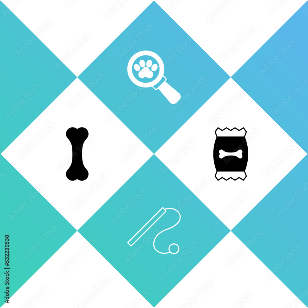 Set Dog bone, Pet cat toy, Veterinary clinic and Bag of food for pet icon. Vector Set Dog bone, Pet cat toy, Veterinary clinic and Bag of food for pet icon. Vector