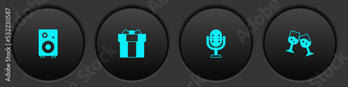 Set Stereo speaker, Gift box, Microphone and Glass of champagne icon. Vector