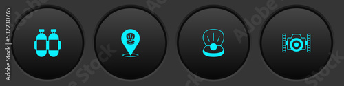 Set Aqualung, Scallop sea shell, Pearl and Photo camera for diver icon. Vector