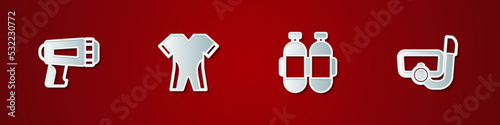 Set Flashlight for diver, Wetsuit scuba diving, Aqualung and Diving mask with snorkel icon. Vector