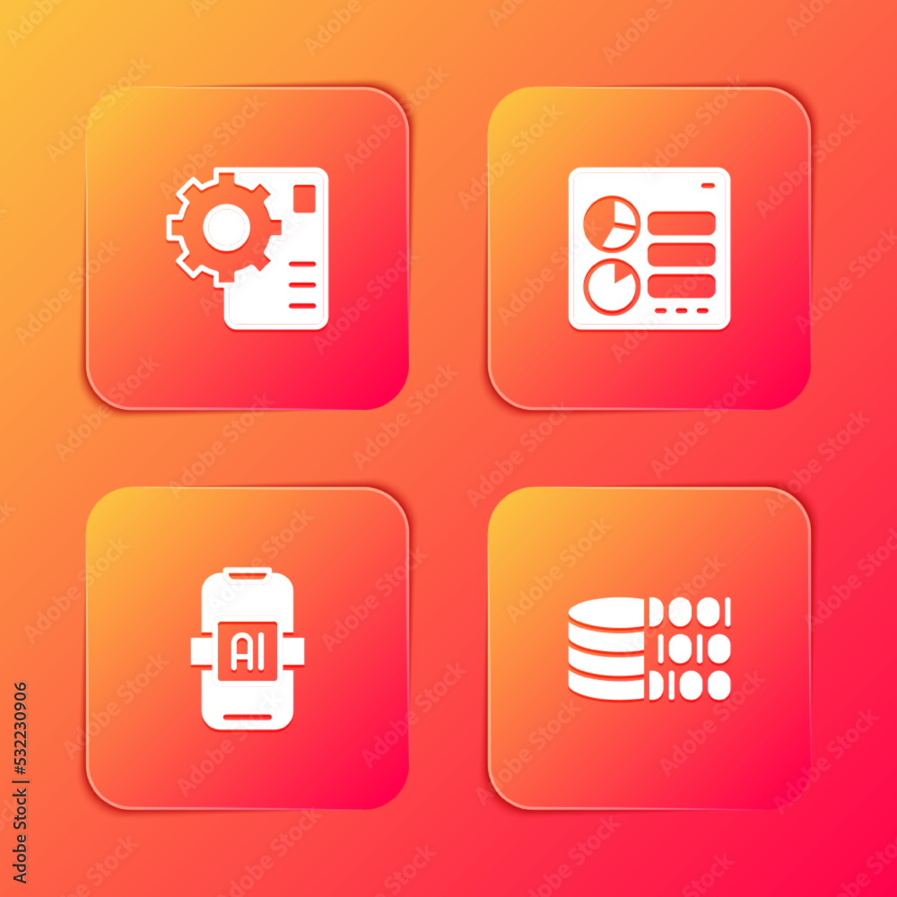 Set Neural network, Computer api interface, Artificial intelligence AI and Binary code icon. Vector