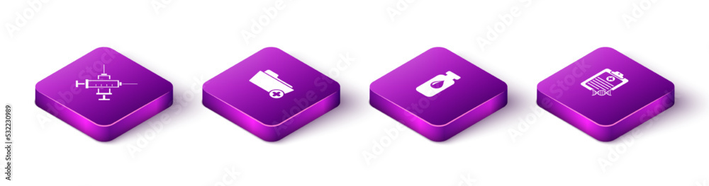 Set Isometric Crossed syringe, Health record folder, Medical vial, ampoule and Clipboard with DNA analysis icon. Vector Set Isometric Crossed syringe, Health record folder, Medical vial, ampoule and Clipboard with DNA analysis icon. Vector
