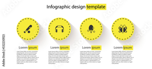 Set Baseball bat with ball, Headphones, Racket and Butterfly. Business infographic template. Vector