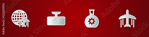 Set Globe with flying plane, Car DVR, Bioengineering and Plane icon. Vector