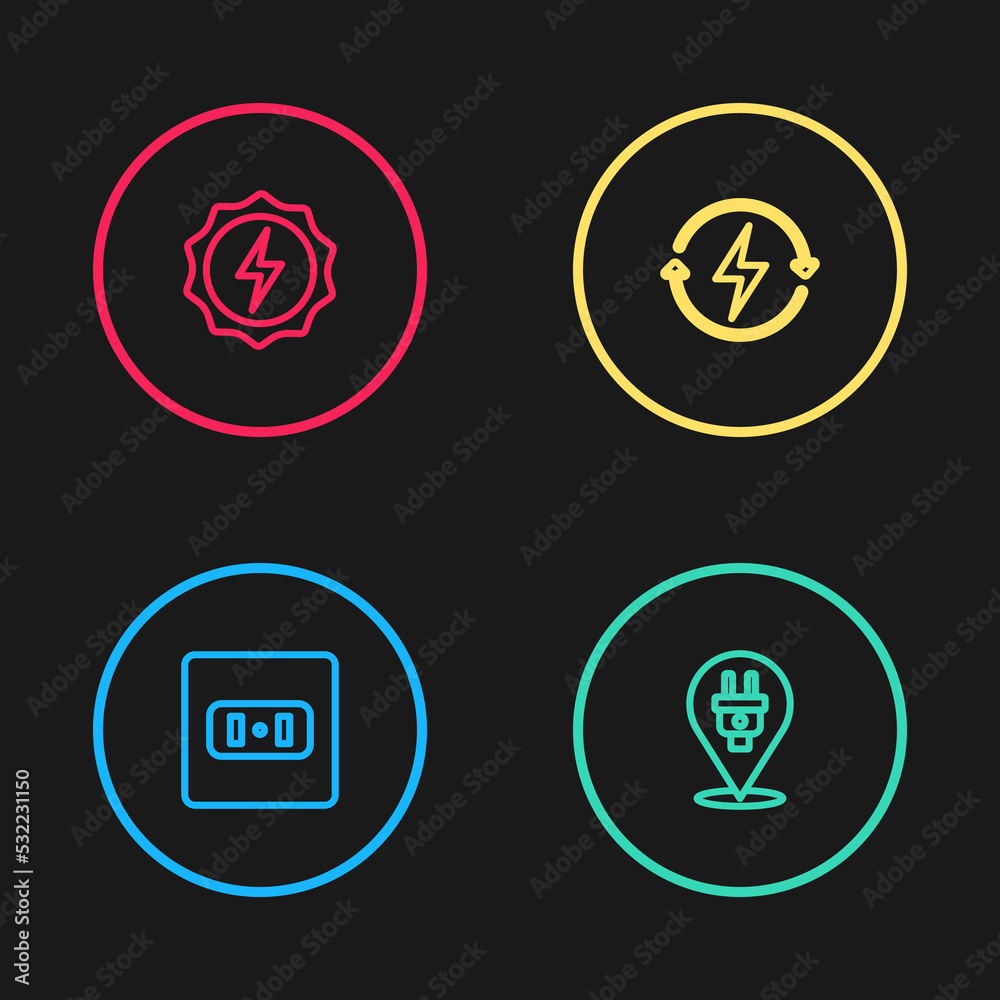 Set line Electrical outlet, plug, Recharging and Lightning bolt icon. Vector Set line Electrical outlet, plug, Recharging and Lightning bolt icon. Vector