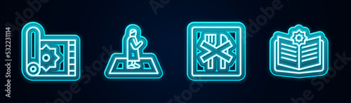 Set line Traditional carpet, Muslim man prays, Ramadan fasting and Holy book of Koran. Glowing neon icon. Vector