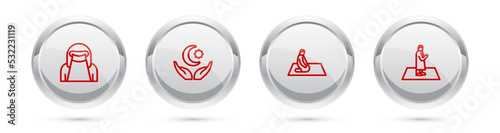 Set line Muslim woman in niqab, Star and crescent, prays and . Silver circle button. Vector