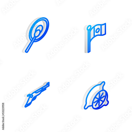 Set Isometric line Mexico flag  Gong  Vintage pistols and Lime icon. Vector