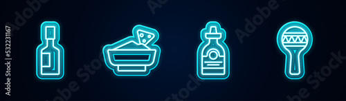 Set line Tabasco sauce, Nachos in bowl, Tequila bottle and Maracas. Glowing neon icon. Vector