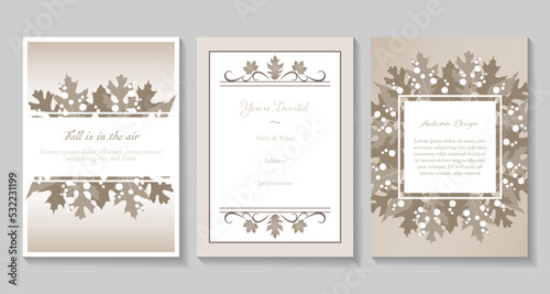 A set of elegant autumn leaves invitations in neutral colors 