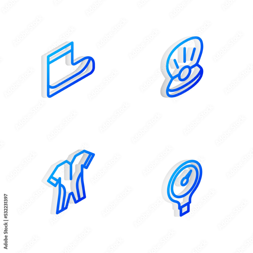 Set Isometric line Pearl, Boots, Wetsuit for scuba diving and Gauge scale icon. Vector