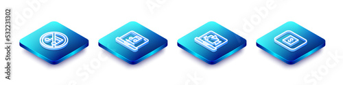 Set Isometric line Speaker mute, Laptop with music, Online play video and Stop media button icon. Vector