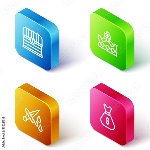 Set Isometric line Chest, King crown, Sword with blood and Old money bag icon. Vector