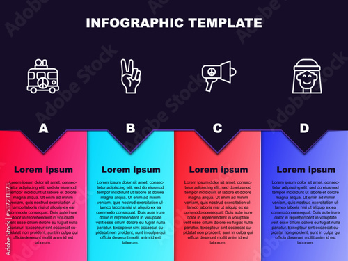 Set line Hippie camper van, Peace symbol, Megaphone and girl. Business infographic template. Vector