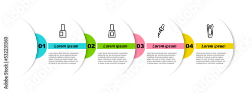 Set line Bottle of nail polish, , Pipette with oil and Nail cutter. Business infographic template. Vector
