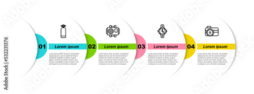Set line Aqualung, Photo camera for diver, Diving watch and . Business infographic template. Vector