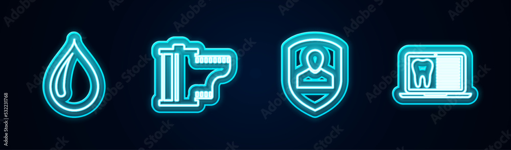 Obraz premium Set line Water drop, Camera film roll cartridge, User protection and Laptop with dental card. Glowing neon icon. Vector