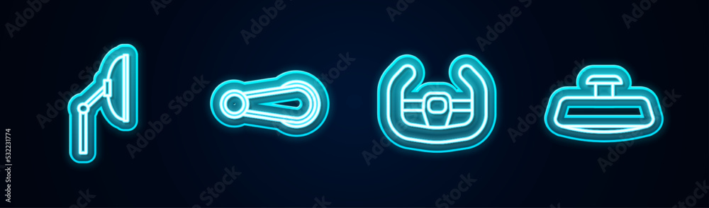 Set line Windscreen wiper, Car door handle, Sport steering wheel and mirror. Glowing neon icon. Vector Set line Windscreen wiper, Car door handle, Sport steering wheel and mirror. Glowing neon icon. Vector