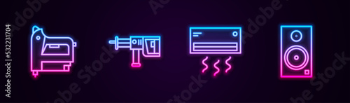 Set line Electric construction stapler, Rotary hammer drill machine, Air conditioner and Stereo speaker. Glowing neon icon. Vector