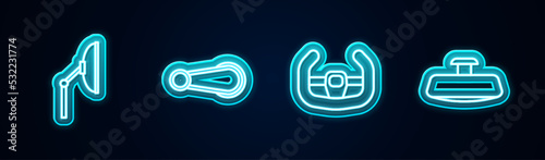 Set line Windscreen wiper, Car door handle, Sport steering wheel and mirror. Glowing neon icon. Vector