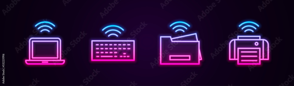 Set line Wireless laptop, keyboard, Smart printer and . Glowing neon icon. Vector Set line Wireless laptop, keyboard, Smart printer and . Glowing neon icon. Vector