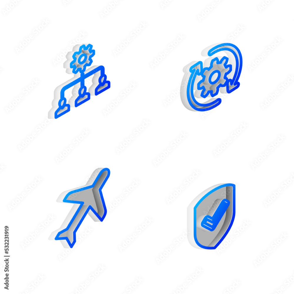 Set Isometric line Gear and arrows as workflow, Lead management, Plane and Shield with check mark icon. Vector Set Isometric line Gear and arrows as workflow, Lead management, Plane and Shield with check mark icon. Vector