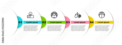Set line Wet wipe pack, Earth with medical mask, Virus cells in lung and . Business infographic template. Vector