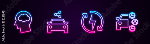 Set line Head silhouette with cloud, Car sharing, Recharging and . Glowing neon icon. Vector © vector_v